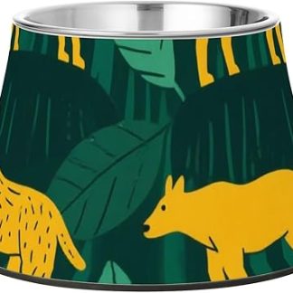 Миски для еды с изображением животных джунглей, зеленые и желтые, с подставкой, из нержавеющей стали, миска для еды для кошек и собак среднего размера, усы, средство для облегчения кормления собак.