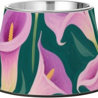 Приподнятая миска для воды для домашних животных в форме фиолетовой и розовой каллы, миски для корма из нержавеющей стали для кошек, собак, кроликов и птиц, миска для кошек с рельефными усами.