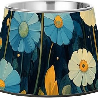 Милая бело-голубая миска-кормушка для собак с цветочками ромашки и подставкой из нержавеющей стали. Простые миски для собак, кошек, кроликов и птиц. Миска-кормушка для собак с усами.