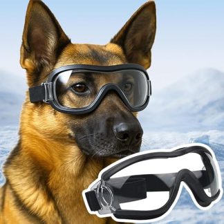 Dog Sunglasses/Goggles - Black Frame with Clear Lenses, UV/Wind/Dust/Fog Protection with Adjustable Strap for Medium & Large Dogs (Pack of 1)
