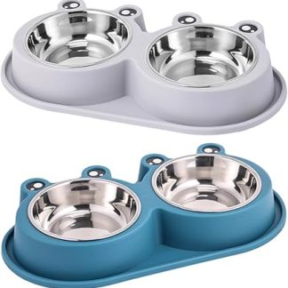 Набор из двух мисок для собак Toyvian из нержавеющей стали с подставкой в ​​форме лягушки, противоскользящие и непроливаемые, для кормления щенков и котят.