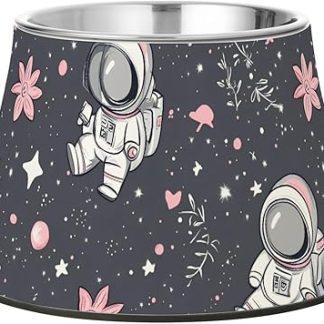 Милые мультяшные белые миски для корма в виде космонавтов, приподнятые миски из нержавеющей стали для маленьких собак с усами.