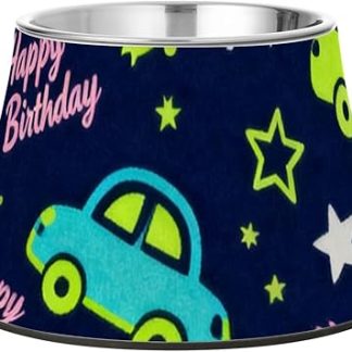 Миска для воды для собак темно-синего цвета с изображением космического корабля и машинок «С днем ​​рождения» — нескользящая миска для кормления домашних животных, созданная для любителей собак с красивыми усами.