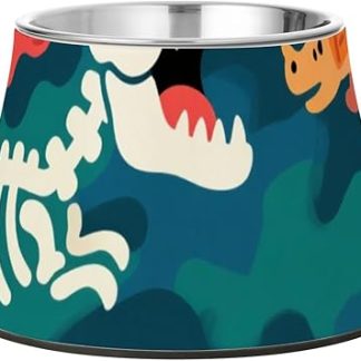 Камуфляжная миска для домашних животных в виде черепа динозавра, бело-оранжевая, нескользящая, из нержавеющей стали, приподнятая, для медленного кормления кошек, с усами. Plato de comida para petros