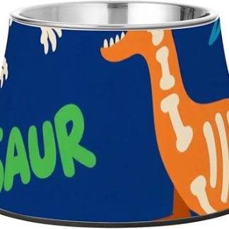 Миска для корма для домашних животных из нержавеющей стали с изображением рычащего черепа тираннозавра, анкилозавра, темно-синего и оранжевого цвета. Нескользящая миска для корма для кошек, собак, кроликов и птиц. Медленное поедание. Платон.