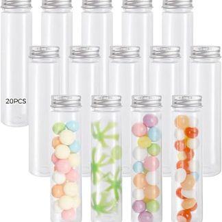 20 прозрачных пластиковых бутылок объемом 110 мл с металлическими крышками, прозрачные ПЭТ-тубы с плоским дном для хранения, упаковки продуктов питания.