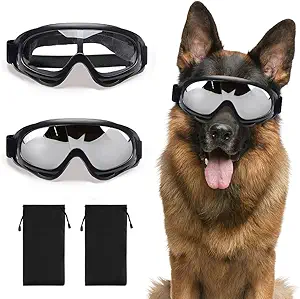 JIABEIUS 2 PCS Dog Goggles, Dog Sunglasses for Medium & Large Breed, Anti-UV Eye Protection Pet Glasses for Outdoor Hiking (Silver and Clear)