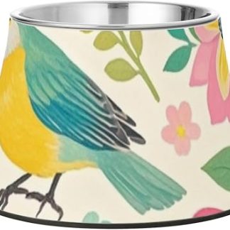 Миска для воды для собак с розовыми цветами и зелеными птицами, нескользящая, из нержавеющей стали, для собак, кошек, кроликов и птиц, с усами, от усталости.