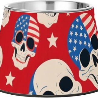 Миска для корма для кошек с изображением белого черепа, изготовленная из нержавеющей стали, в честь Дня независимости 4 июля, для комфортного кормления вашего питомца.