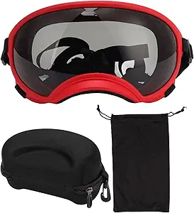 Dog Goggles Windproof Proof Adjustable Strap Dog Sunglasses for Large Breed (Red Frame and Black Goggles)