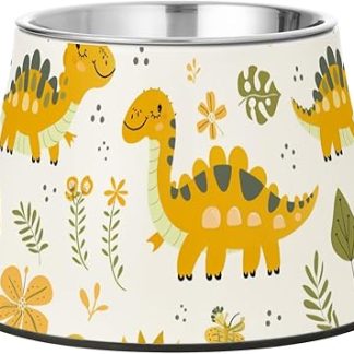 Желтые шесть забавных мисок для корма и воды с изображением динозавров, желто-белые, приподнятые над поверхностью, из нержавеющей стали, для любимого питомца, чтобы у него не уставали.