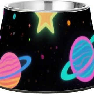 Флуоресцентные разноцветные звезды и планеты. Миска для корма для собак из нержавеющей стали с подставкой для питомца, обеспечивающая комфортное кормление. Plato para perros para comer lento