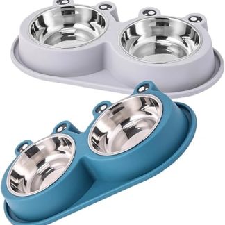 2 миски для собак из нержавеющей стали в форме лягушки, приподнятые над поверхностью, нескользящие и устойчивые к опрокидыванию. Подходят для использования на открытом воздухе в качестве мисок для воды и еды для мелких животных.