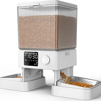 Автоматическая кормушка для кошек Oneisall 5 л с 2 мисками, управление одной кнопкой, простое управление, кормушка для кошек/собак, со стальными мисками, диктофон, белый цвет.