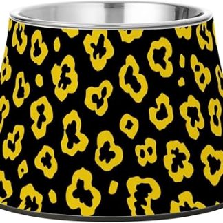 Миска для корма и воды для собак с леопардовым принтом, ярко-желтая и черная, из улучшенной нержавеющей стали, подходит для собак, кошек, кроликов и птиц. Удобное кормление.