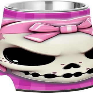 Подставка для мисок SKYSHU с изображением черепа принцессы, профилактика заболеваний позвоночника, подставка для мисок для собак и кошек со съемными мисками из нержавеющей стали, нескользящая, устойчивая к царапинам.