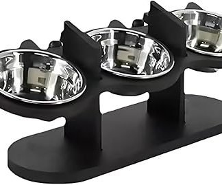 Сталь и дерево, приподнятая кормушка для домашних животных, кошачьи ушки, 3 миски, 42 x 16 см, станция для кормления собак и кошек, наклонная конструкция.