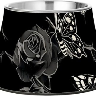 Готическая миска для корма для домашних животных с темными розами и бабочками, приподнятая миска из нержавеющей стали для собак, миски для воды, медленное кормление, удобное кормление.