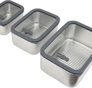 Набор посуды Ejoyous из нержавеющей стали 304, 3 контейнера (650 мл, 1300 мл, 2300 мл) с плотно закрывающимися стеклянными крышками. Многоразовое использование для приготовления еды и пикников.