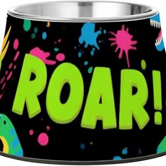 Миска для воды и корма для домашних животных Roaring Dino Spot Black Fluorescent Green Blue из нержавеющей стали, приподнятая миска для кошек для медленного кормления собак Whiskers Relief Plato Para Perros