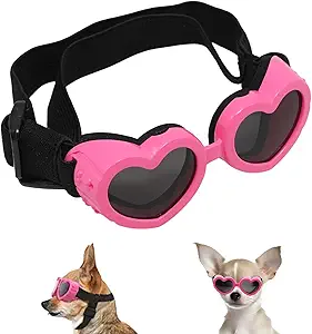 Pink Dog Sunglasses for Small Breed, Heart-Shaped Goggles Pet Sunglasses UV Protection with Adjustable Strap & Windproof Design(Pink)