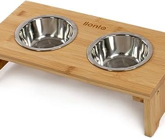 Миска Lionto из бамбука с подставкой 40x20x10 см, 2 стальные миски Ø11 см каждая, 350 мл, двойная миска для собак и кошек, легко моется, нескользящая, эргономичная.