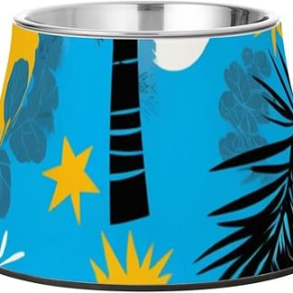 Улучшенная миска для корма для собак из нержавеющей стали с рисунком «Голубая летняя пальма» для кошек, кроликов и птиц.