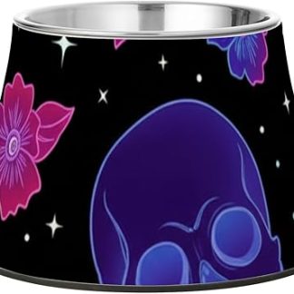 Синие флуоресцентные миски для кормления собак с изображением черепа и цветов, черные, нескользящие, из нержавеющей стали, для средних собак. Усы для собак.