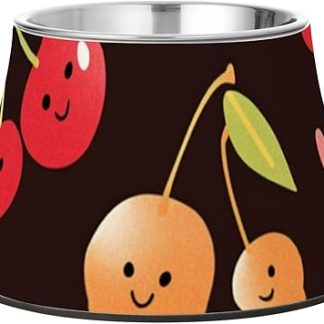 Миска для еды в мультяшном стиле с черным фоном, милые красные вишни, животные, приподнятая миска из нержавеющей стали, простые миски для кормления питомцев, комфортная миска для кормления собак.