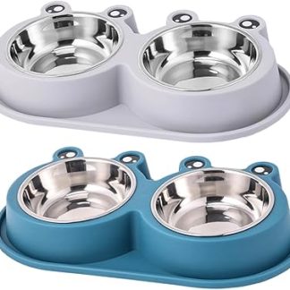 2 двойные миски для собак с приподнятым нескользящим основанием, в форме лягушки, из нержавеющей стали, устойчивые к проливанию, для щенков и мелких животных.