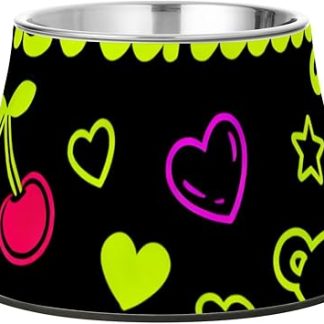 Миска для корма и воды для собак «С днем ​​рождения» неоново-зеленого цвета с клубникой и бантом, приподнятая миска из нержавеющей стали для кошек и собак среднего размера, предназначенная для медленного поедания.