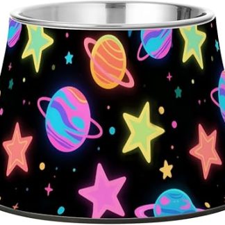 Флуоресцентная красочная миска для корма для домашних животных в виде звезд и планет, приподнятая миска из нержавеющей стали для собак среднего размера, предназначенная для медленного поедания корма.