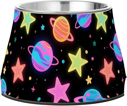 Флуоресцентная красочная миска для корма для домашних животных в виде звезд и планет, приподнятая миска из нержавеющей стали для собак среднего размера, предназначенная для медленного поедания корма.