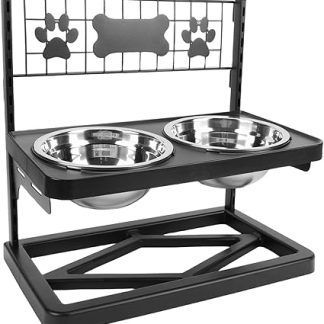 Регулируемая по высоте подставка для мисок, металлическая подставка для кормления собак с 2 мисками из нержавеющей стали.
