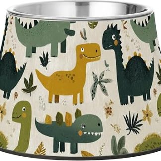 Миска для домашних животных с милым мультяшным динозавром, зеленая, нескользящая, из нержавеющей стали, приподнятая, для маленьких собак, удобное кормление.