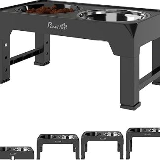 Складная приподнятая миска для собак PawHut с медленной подачей и кормушкой из нержавеющей стали, 4 регулируемые по высоте станции для кормления домашних животных мелких, средних и крупных пород, черная.