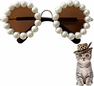 Cute Pearl Cat Sunglasses, Pet Sunglasses for Small Medium Dog/Cat, Holiday Party Pet Costume Accessories, Pet Doll Glasses Costumes, Cats Glasses Dog Sunglasses for Photography Party Wear