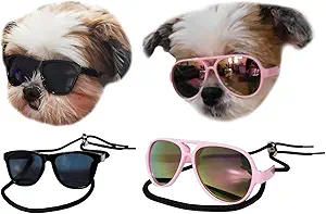 D04 2-Pack Dog Cat Pet 80s+Aviator Costume Sunglasses for Small Breed up to 15lbs (80s Black+Aviator Pink-Pink Mirror)