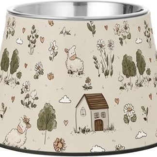 Миска для кормления домашних животных в виде овечки с мультяшным рисунком, бежевого цвета, нескользящая, из нержавеющей стали, приподнятая, для мелких животных, удобное кормление.