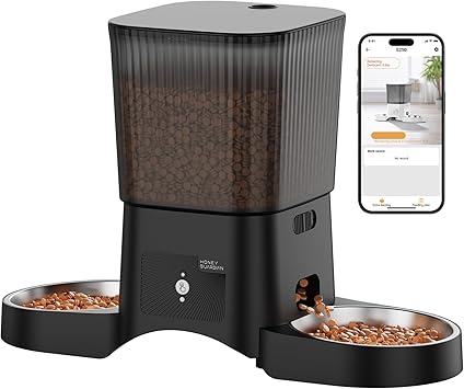 Автоматический дозатор корма для кошек HoneyGuaridan, 2 миски, 5 г/2,4 г, Wi-Fi, умный автоматический дозатор корма для кошек и собак, 4 нескользящие ножки, устойчивая конструкция, 1-6 приемов пищи в день (3,5 л)