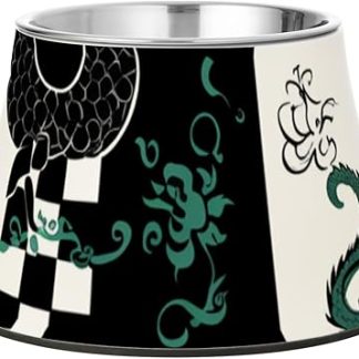 Чёрно-зелёно-белые миски для корма для домашних животных с решетчатым рисунком «Дракон», модернизированные миски из нержавеющей стали для кормления мелких животных, удобные для кормления.