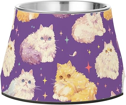 Приподнятая миска для воды для домашних животных Purple Kitty Stars из нержавеющей стали, простые миски для собак среднего размера, миски от усталости и раздражения шерсти.