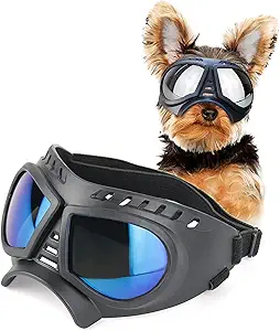 Dog Goggles,UV Protection Wind Protection Dust Protection Snow Protection Fog Protection Soft Frame Glasses for Long Snout Dogs Eyes Protection with Adjustable Strap (S: Blue Lens)