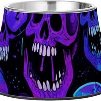 Стильная миска для корма и воды для собак с градиентным рисунком черепов, сине-фиолетового цвета, улучшенная миска из нержавеющей стали для кошек и собак среднего размера, удобная для кормления.