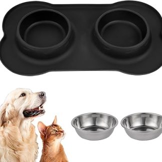 Миска для еды для собак и кошек, миска для маленьких собак, нержавеющая сталь, миска для воды для собак, с 1 подставкой для собаки, нескользящий силиконовый коврик (46 x 27 см)