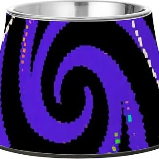 Приподнятые миски для корма и воды для маленьких собак из нержавеющей стали с геометрическим спиральным принтом в черно-фиолетовых тонах. Миска для медленного поедания корма для собак.