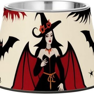 Готическая красно-черная миска для собак в стиле Хэллоуина с изображением ведьмы и тыквы, нескользящая миска для кормления кошек из нержавеющей стали для маленьких питомцев, удобная для кормления.