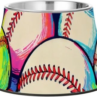 Миска для корма для собак с мультяшным бейсбольным рисунком, нескользящая, из нержавеющей стали, для маленьких питомцев.