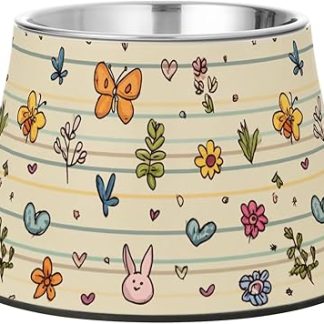 Миска для корма для собак бежевого цвета с мультяшными цветами, сердечками и полосками, из нержавеющей стали, для маленьких собак, предназначенная для медленного приема пищи.