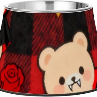 Готическая черно-красная клетчатая миска для корма с милыми медведями и собаками, нескользящая, из нержавеющей стали, для кормления домашних животных (собак, кошек, кроликов и птиц), для медленного приема пищи, отдельные миски для